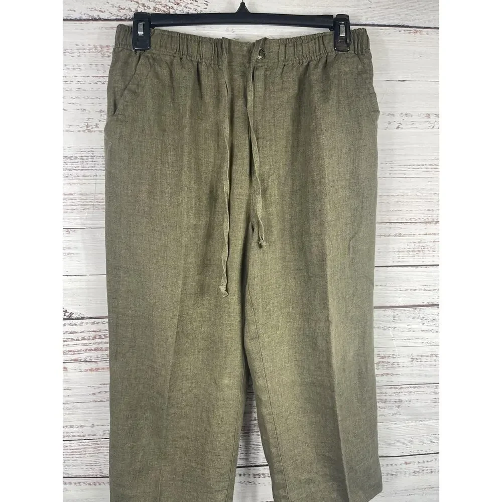 Grant Thomas Pants Men's SZ Medium Green Linen Drawstring Elastic Waist Cropped